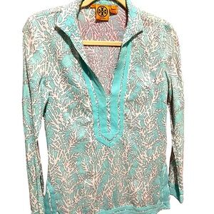 Tory Burch Blue, Black & White Long Sleeve Cotton Tunic - Size 0